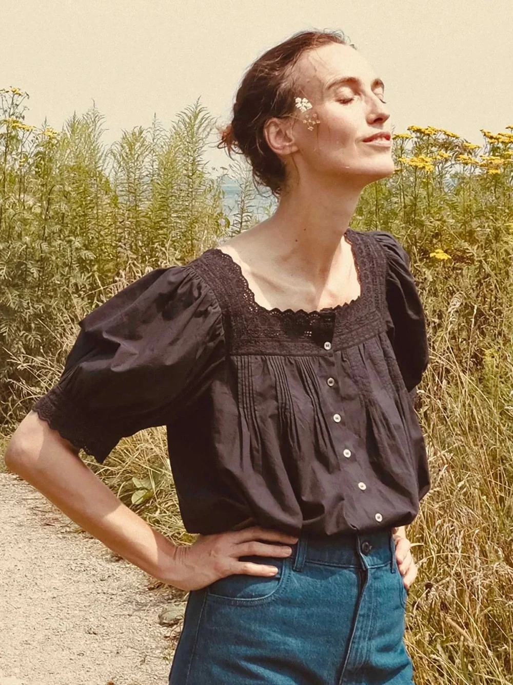NWT Doen Trieste Cotton Poplin Lace Eyelet Button Short Puff Sleeve Top Black